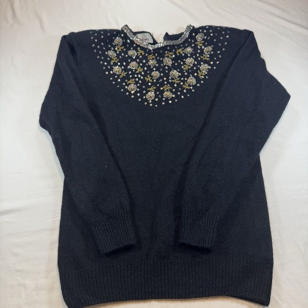 Worthington Womens Small Black Silk Blend Sequin Floral Embellished Sweater M